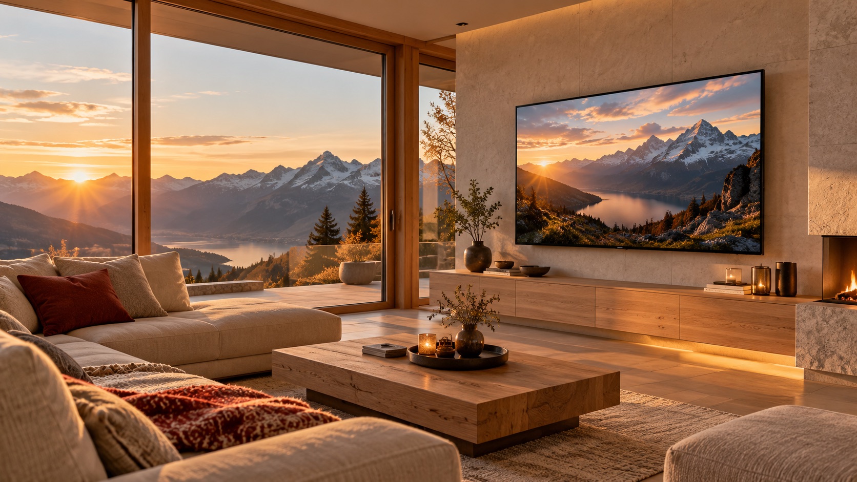 Gemütliches Wohnzimmer mit Blick auf die Alpen und einem Fernseher